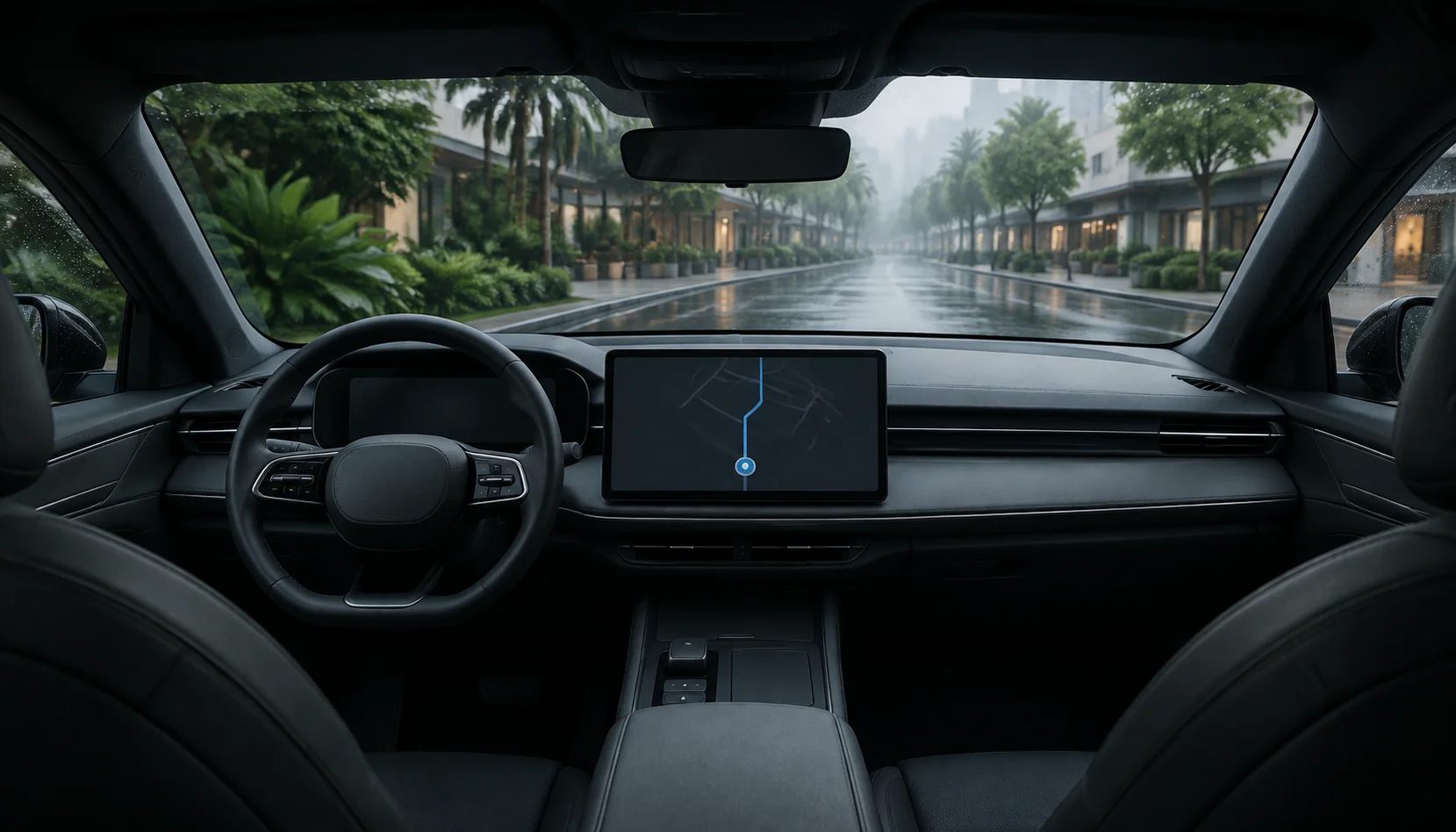 AI concept illustration: an unbranded cockpit with blue navigation, viewed from the rear seats toward a rain-wet tropical street. Not a real vehicle test.
